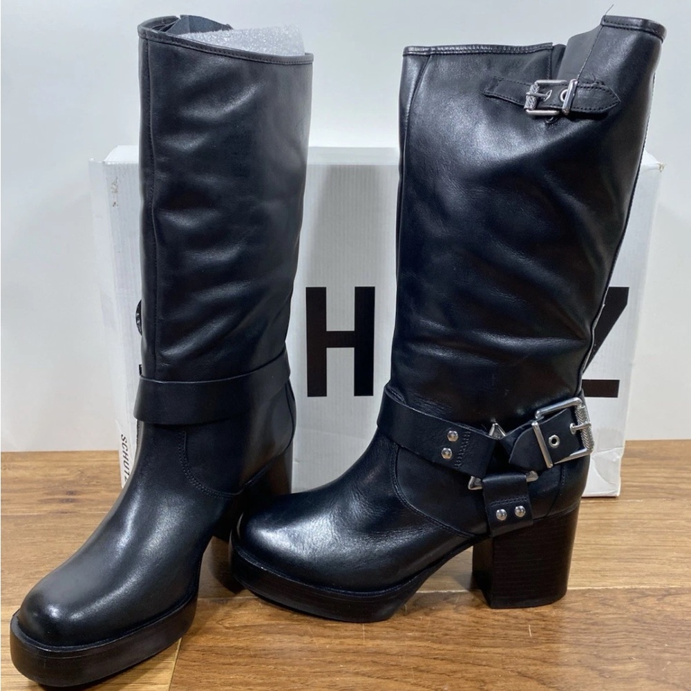 NIB $298 Schutz Kiara Black Leather Harness Boots sz 10 block heel